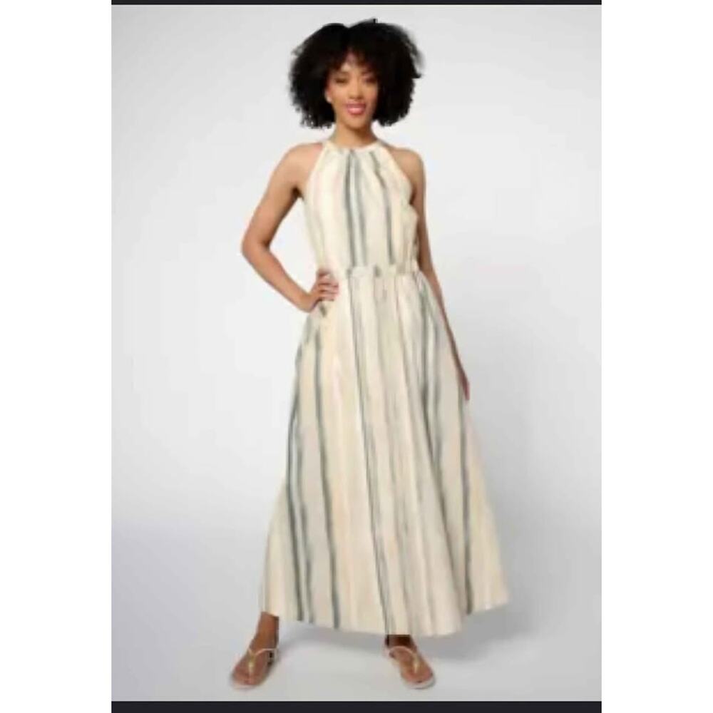 Jennie Garth ME Sunset Stripe Halter Maxi Dress Beige Tan Size SP Small Petite